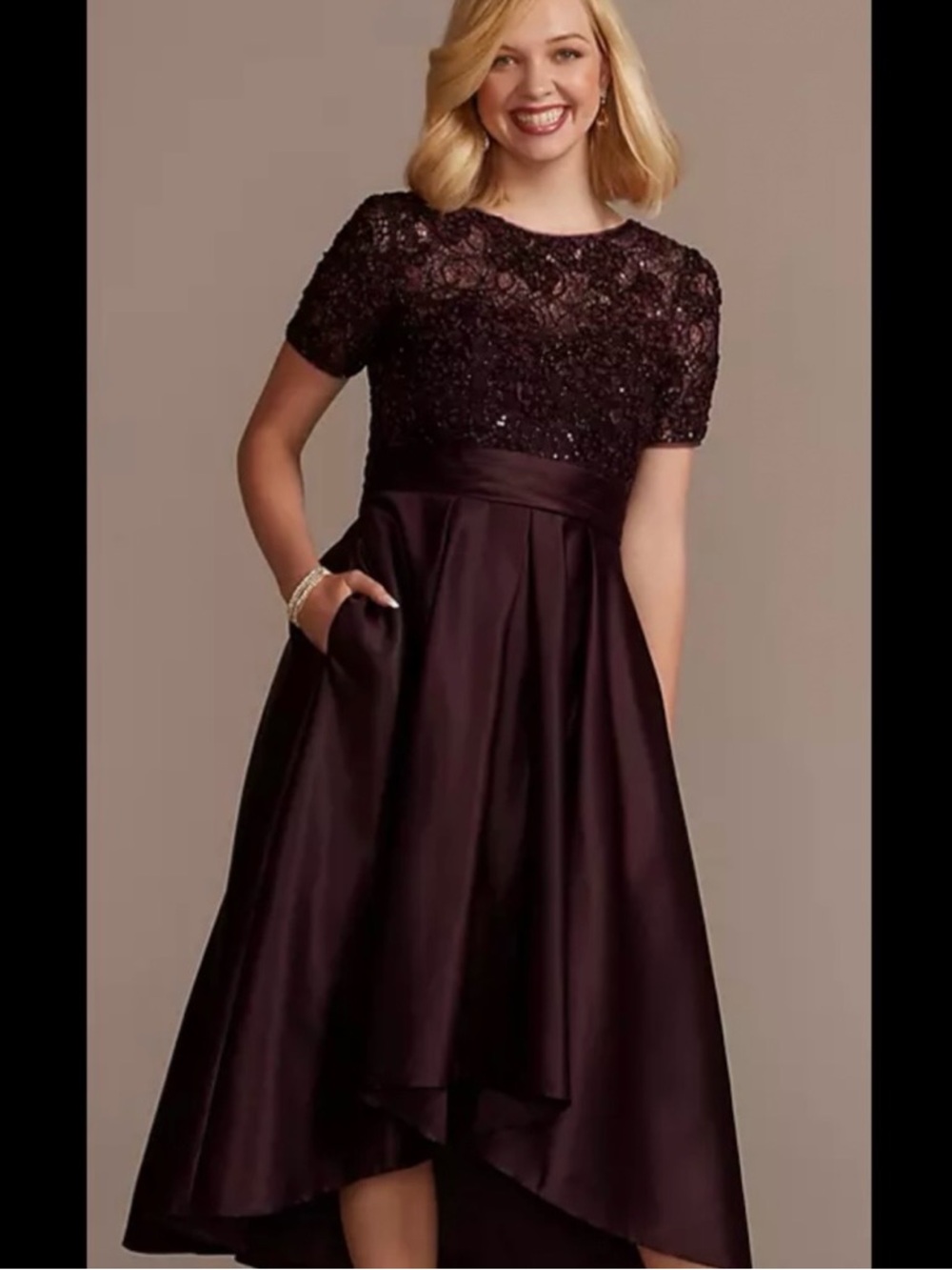 Oleg Cassini Sz 6 High Low Satin Formal Ball Gown Eggplant Illusion Lace Pockets